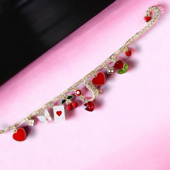 Whimsical Adorable Gold and Red Toned Charm Bracelet Adjustable Chain 7”-9” - Picture 6 of 17
